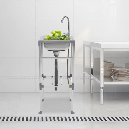 Freistehender Edelstahlspülbecken, 360° °   Drehbarer Wasserhahn, Tragfähigkeit 60kg 42x37x83cm Mobiles Waschbecken für Außenbereiche