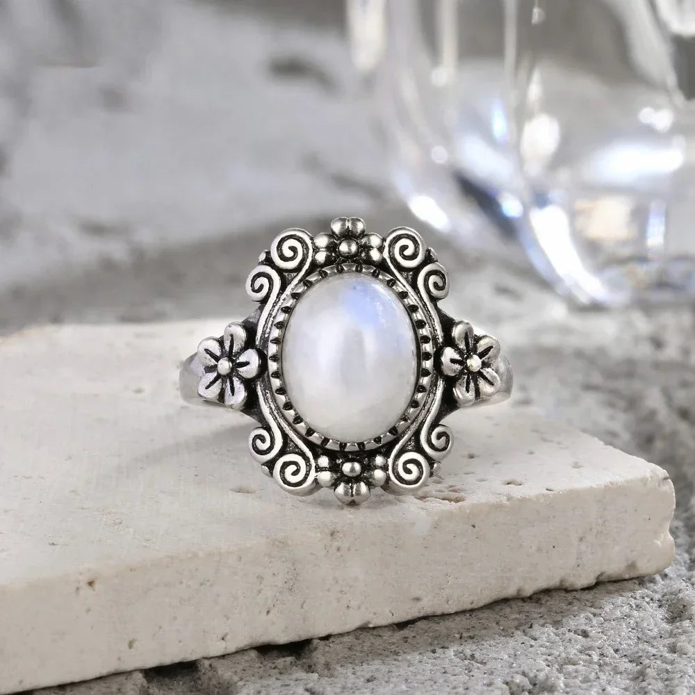 925 Silber Blume 8 * 10 mm Mondstein Ring Vintage Stil Damen Party Schmuck Geschenk für Frauen