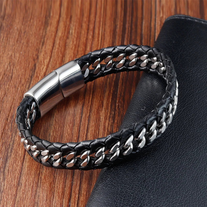 Geflochtenes Seil gewebtes schwarzes Leder Herrenarmbänder Punk-Stil Edelstahl-Armreif für Freund Charm Modeschmuck Geschenke