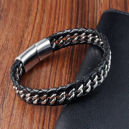 Geflochtenes Seil gewebtes schwarzes Leder Herrenarmbänder Punk-Stil Edelstahl-Armreif für Freund Charm Modeschmuck Geschenke