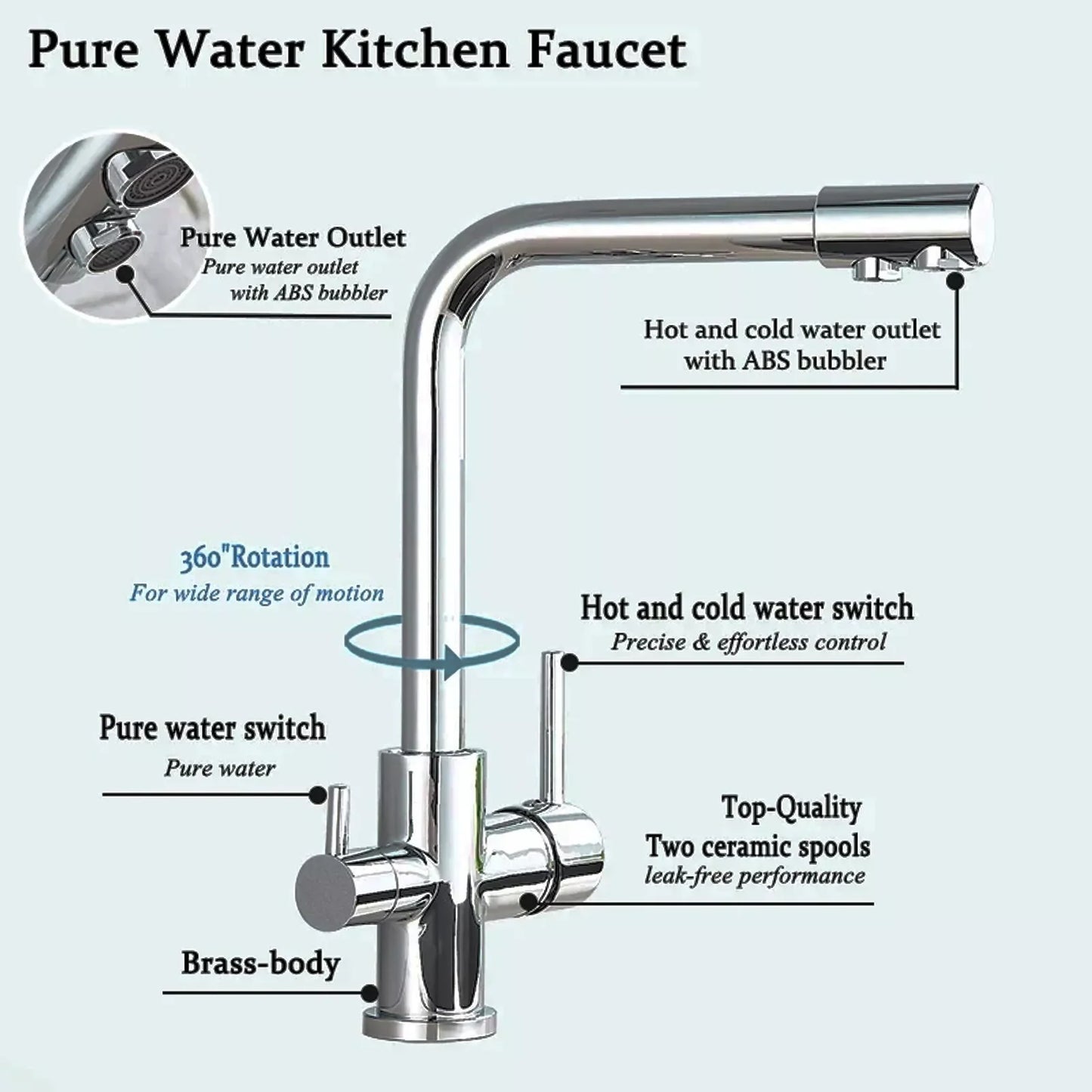 Chrom Messing Reines Wasser Küche Wasserhahn Dual Griff Heißes und Kaltes Trinkwasser 3-weg Filter Küche Gereinigte Mischbatterien