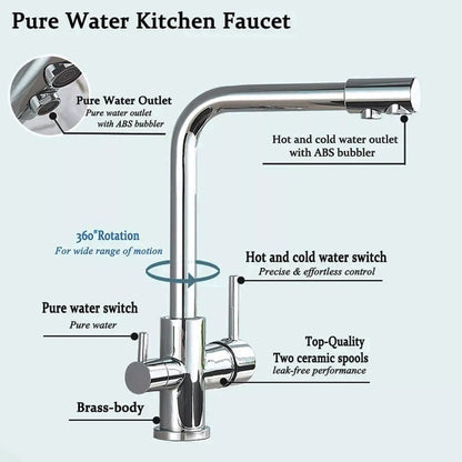 Chrom Messing Reines Wasser Küche Wasserhahn Dual Griff Heißes und Kaltes Trinkwasser 3-weg Filter Küche Gereinigte Mischbatterien