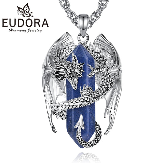 Eudora Drachen Twining sechseckigen Lapislazuli prismatische Halskette Punk Heilung Kristall Stein Anhänger Schmuck für Frauen Mann Geschenk