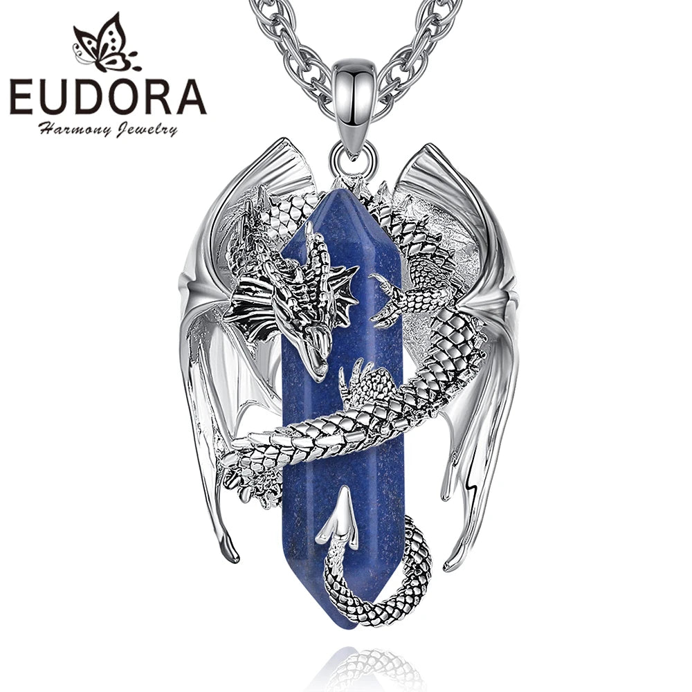 Eudora Drachen Twining sechseckigen Lapislazuli prismatische Halskette Punk Heilung Kristall Stein Anhänger Schmuck für Frauen Mann Geschenk