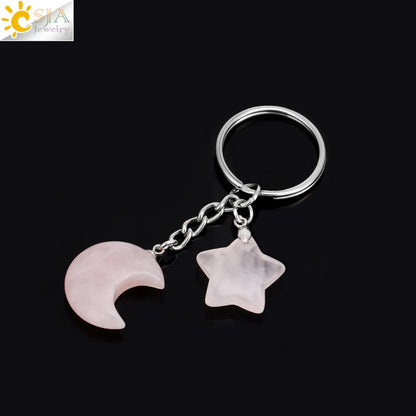 CSJA Healing Naturstein Schlüsselbund Trendy Mond Sterne Charm Bead Anhänger Silber Farbe Halter Schlüssel Ring Auto Schlüssel Ring Tasche Dekor H368