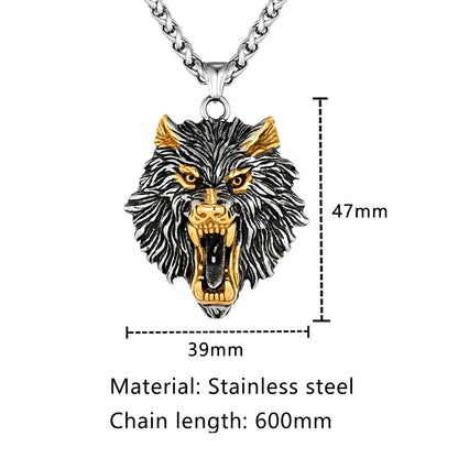 Punk Vikings Wolf Head Necklaces Stainless Steel Vintage Nordic Odin's Wolf Pendant Amulet Men Charm Genuine Leather Rope Jewelry