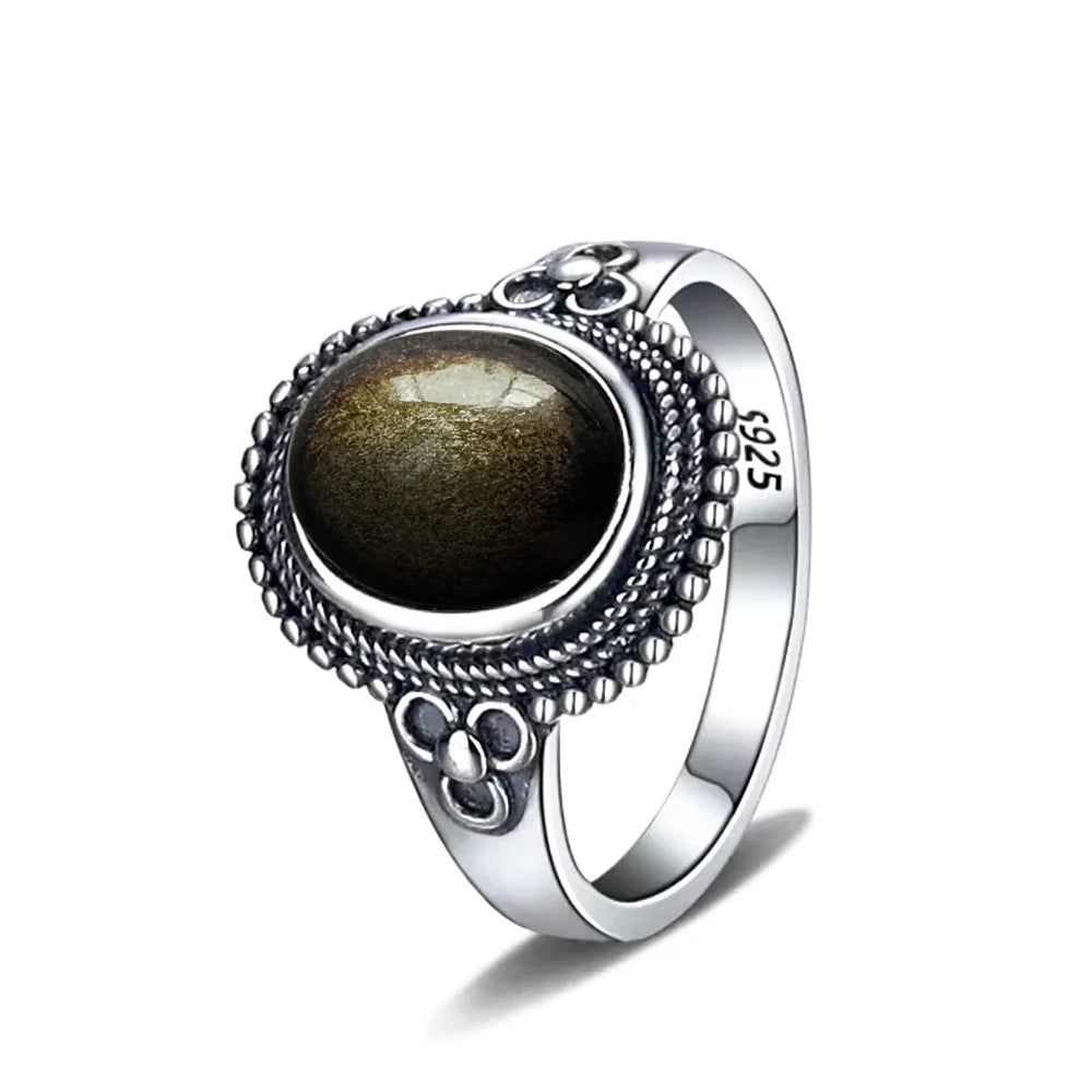 Vintage S925 Sterling Silber Ring Oval Runde Natürliche Obsidian Ring Sonne Und Blume Geformt Retro Edlen Schmuck Für Frauen Männer