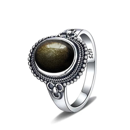 Vintage S925 Sterling Silber Ring Oval Runde Natürliche Obsidian Ring Sonne Und Blume Geformt Retro Edlen Schmuck Für Frauen Männer