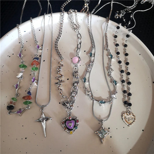Geschmolzenes flüssiges Metall Vier-Sterne-Strass-Edelstahl-Kettenhalskette für Frauen Egirl Trend Ästhetischer Halsband Y2K-Schmuck