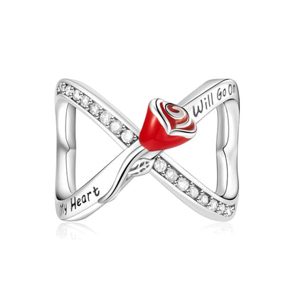 Romantische Schleifenperlen aus 925er-Sterlingsilber und herzförmiger, unendlicher baumelnder Charm, passend für Armbänder, schöne Schmuck-Accessoires, Geschenke