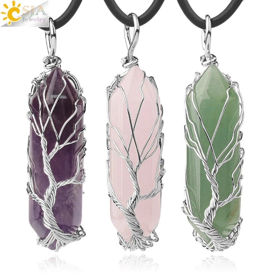 CSJA Kristalle Halskette Stein Natürlichen Kristall Anhänger Sechseckige Silber Farbe Lebensbaum Draht Wrap Frauen Männer Quarz Schmuck G551