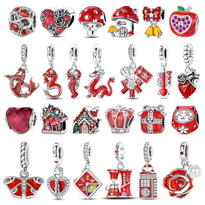 Rote Serie 925er Sterlingsilber, Koi-Herz, Pilz, Feuerwerkskörper, Kaffeemaschine, Charm, passend für DIY-Armbänder, Halsketten, exquisite lustige Geschenke