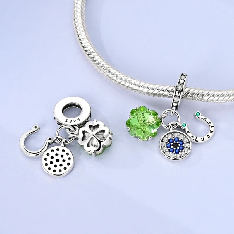 925er Sterlingsilber, grüne Charms, Perlen, vierblättriges Kleeblatt, baumelnd, für Frauen und Mädchen, Original-Armband, DIY-Schmuck, Geschenke