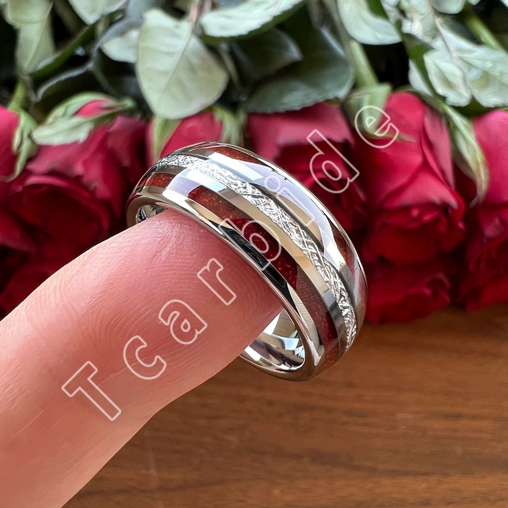 Dropshipping 8MM Männer Frauen Schöne Hochzeit Band Wolfram Rot Opal Ring mit Helle Meteorit Inlay Gewölbt Poliert Komfort Fit