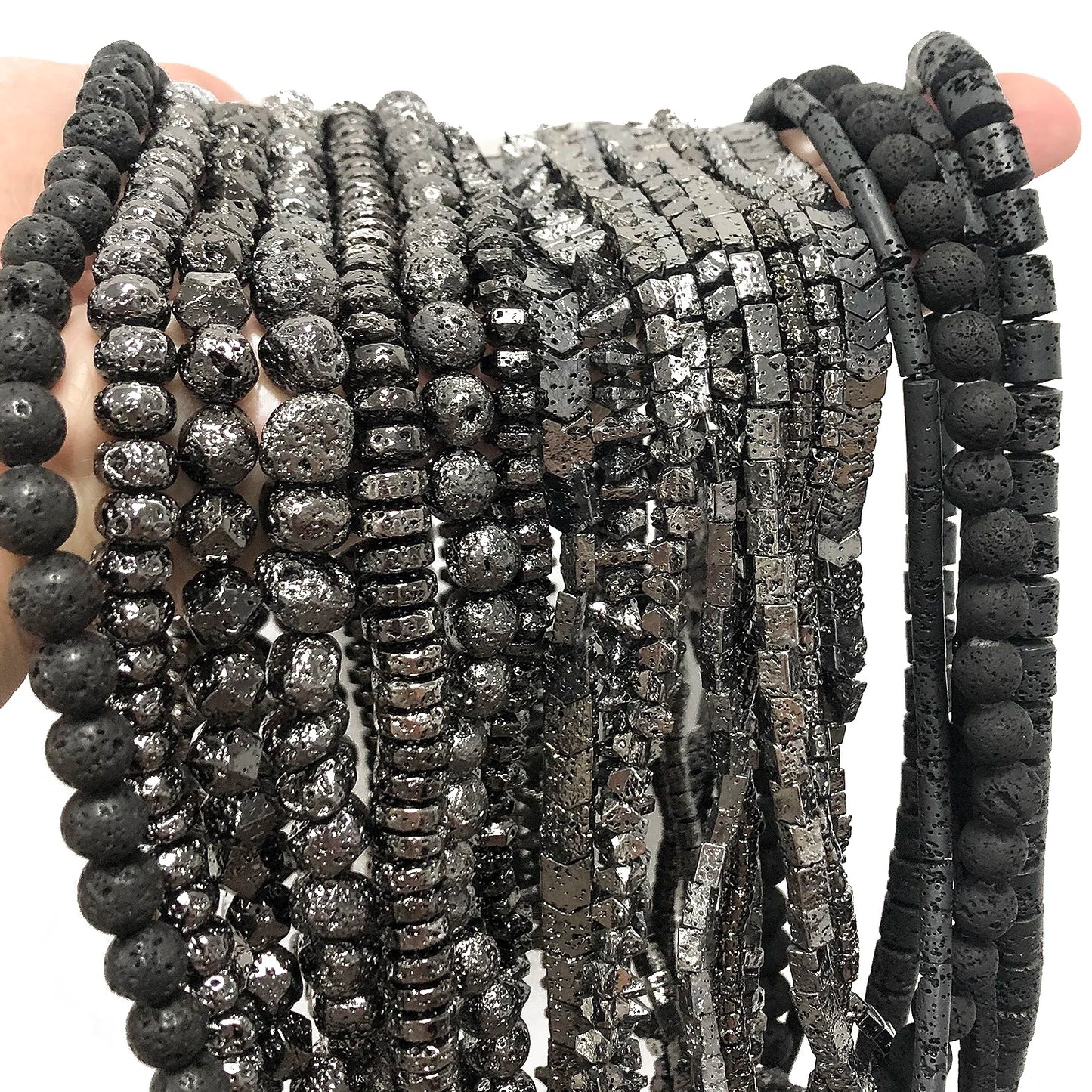 Schwarze vulkanische Lavagesteinperlen, Mineralperlen, Charms, Rohrwürfel, runde geometrische Formperlen für Schmuckherstellung, DIY-Armband