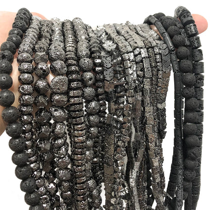 Schwarze vulkanische Lavagesteinperlen, Mineralperlen, Charms, Rohrwürfel, runde geometrische Formperlen für Schmuckherstellung, DIY-Armband