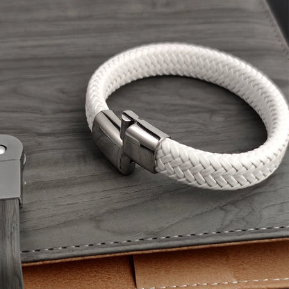 Fashion Simple White Leather Braid Bracelet Stainless Steel Buckle Clasps for Men Handmade Bangle Wholesale Charm Jewelry Gift