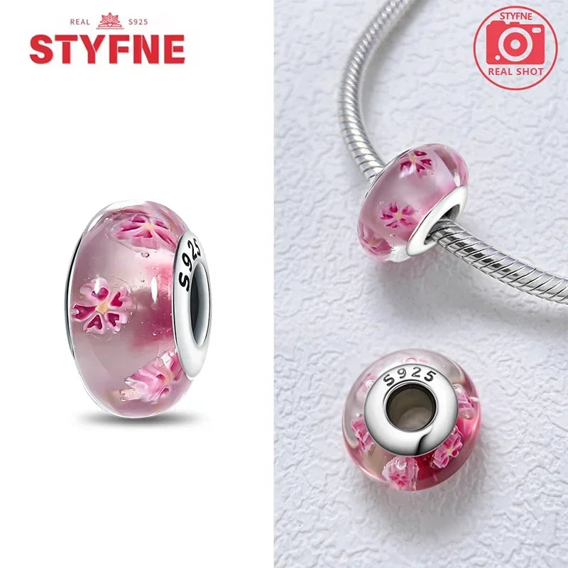 Echtes Sterlingsilber 925, Blumen-Charms, Glas, neue Original-Perle, bunt, Murano, passend für Original-Armbänder, DIY für Frauen, Schmuck, Geschenke