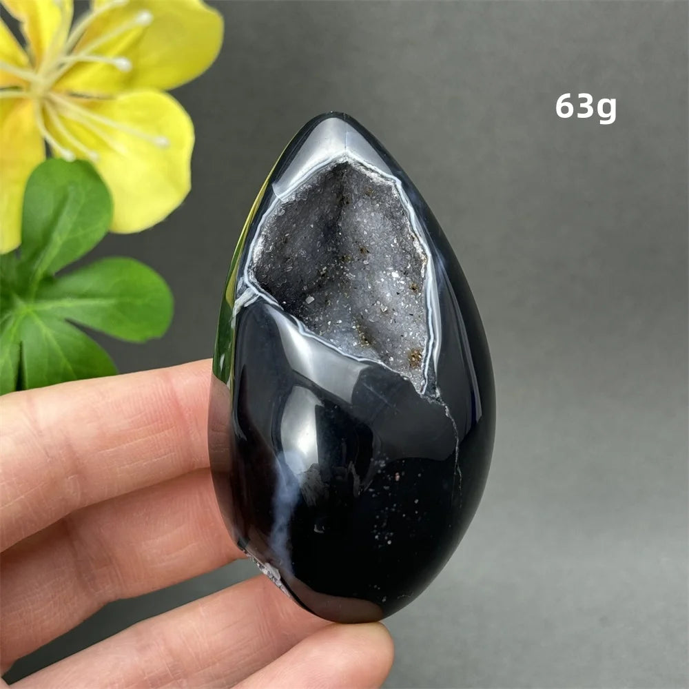 Natürlicher schwarzer Achat, Kristallloch, eiförmiger Kristall, Heilung, spirituelle Meditation, Mineralquarz, Aura, Energie, Heimdekoration
