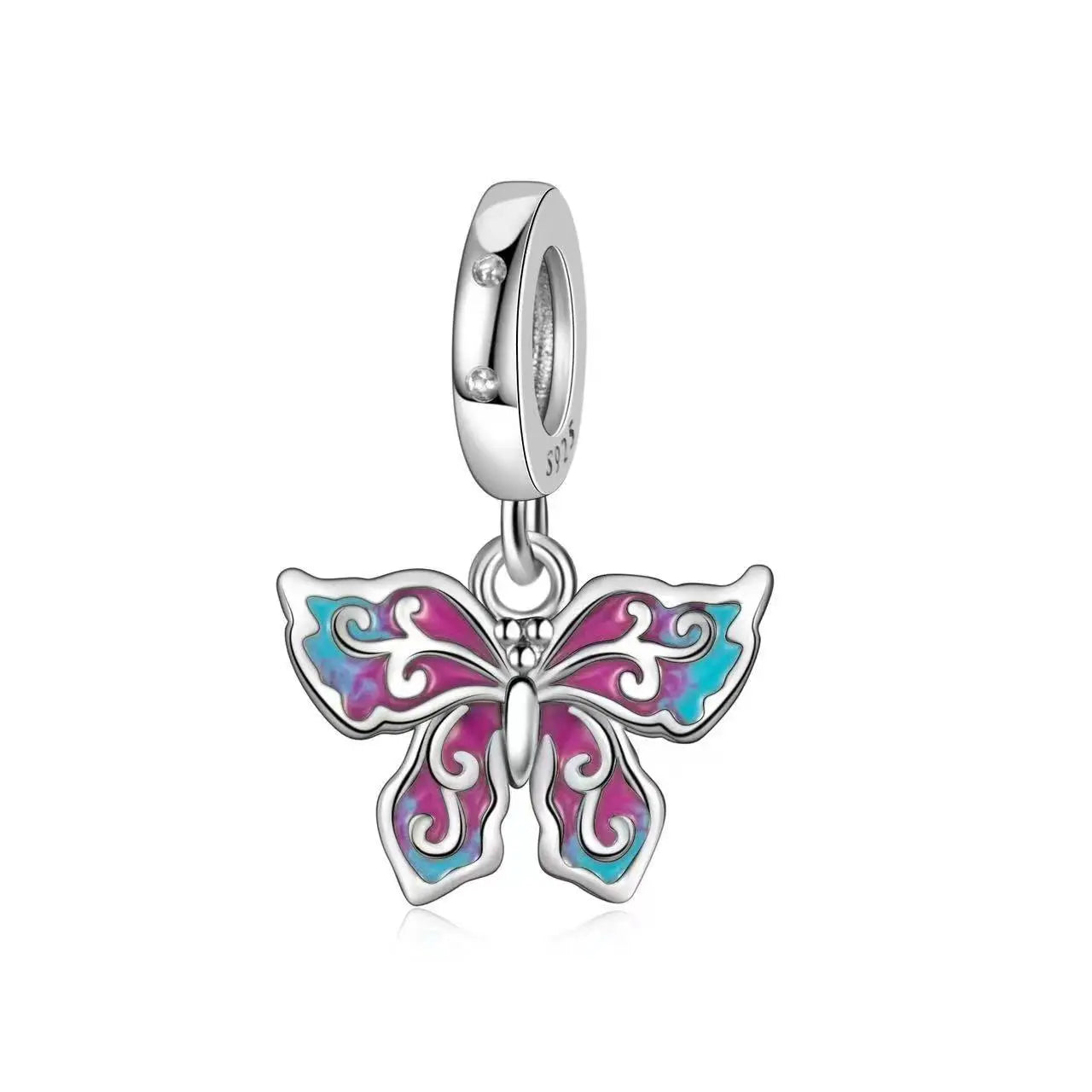 Exquisiter 925er-Sterlingsilber-Charm mit funkelndem Edelstein, Schlüssel, Blume, Schmetterling, passend für DIY-Armbänder, Halsketten, edler Schmuck, Geschenke