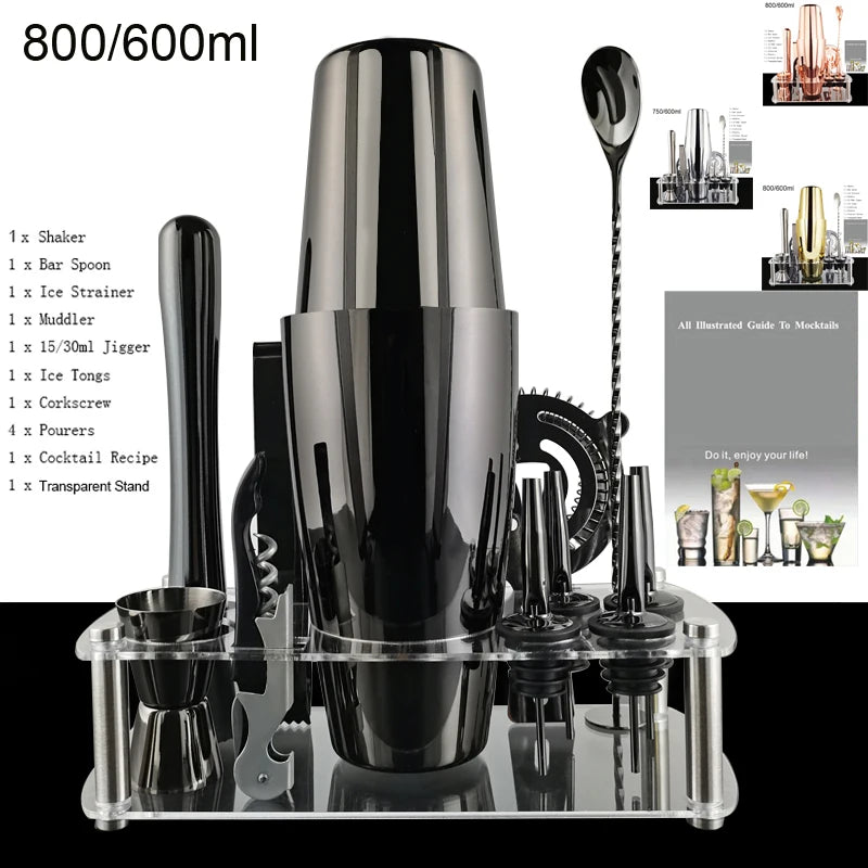 12 Stück Schwarz/Roségold/Silber 800/750/600 ml Boston Shaker Barkeeper Kit Cocktail Shaker Set Bar Werkzeuge Ständer Cocktail Rezept
