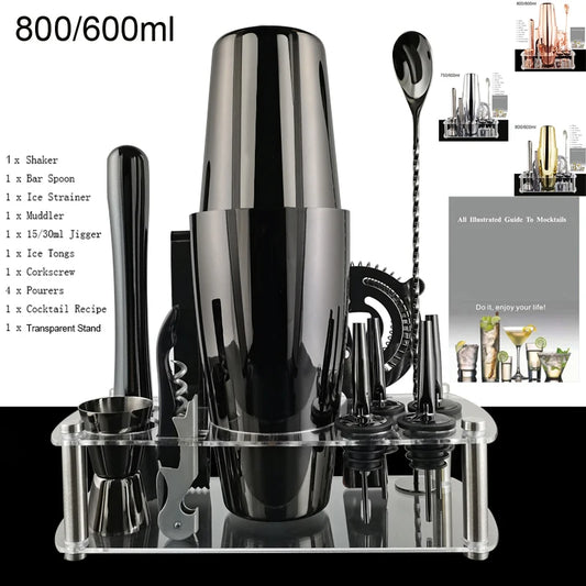 12 Stück Schwarz/Roségold/Silber 800/750/600 ml Boston Shaker Barkeeper Kit Cocktail Shaker Set Bar Werkzeuge Ständer Cocktail Rezept