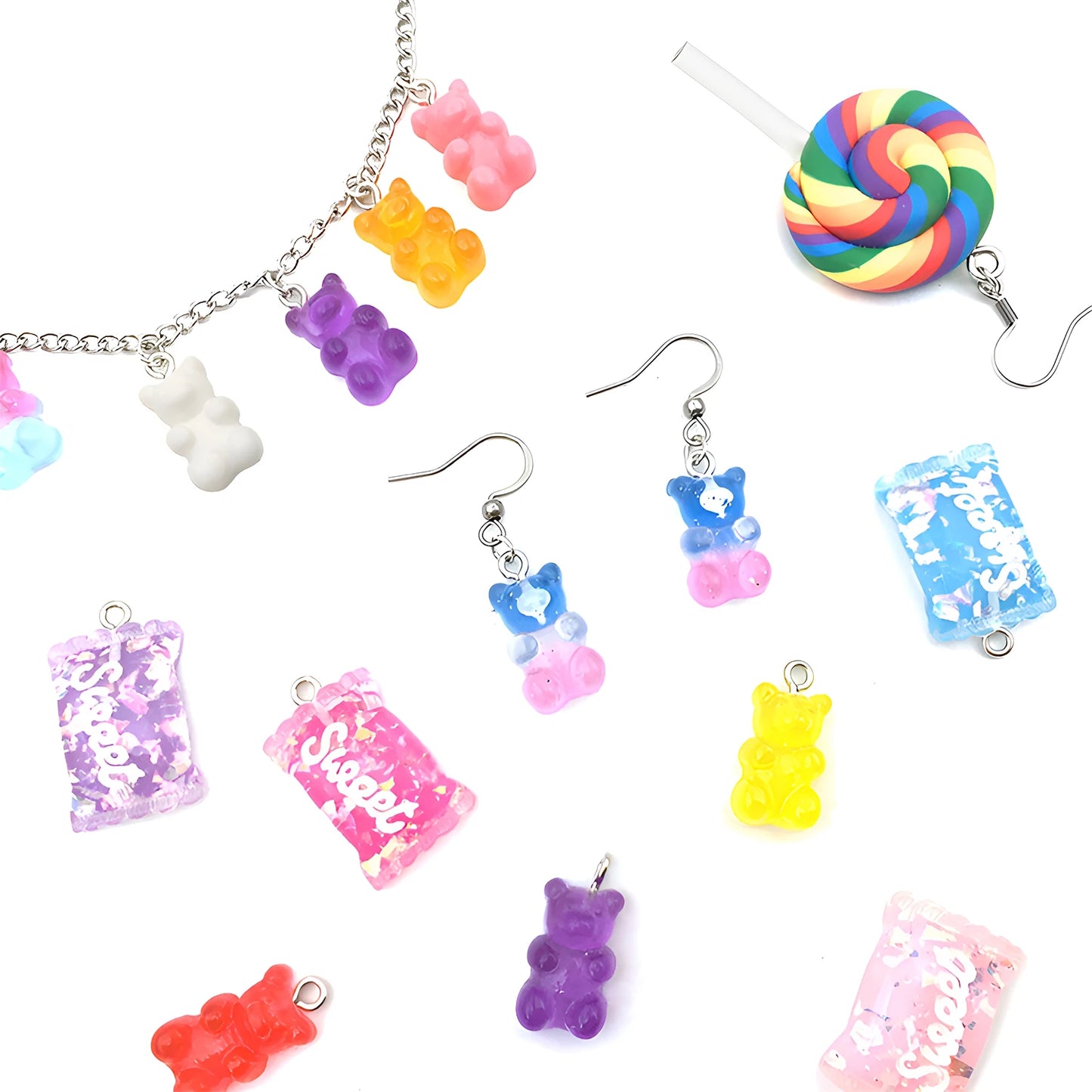 32-teiliges Kunstharz-Lutscher-, Ombre-Bär- und Süßigkeiten-Charms, kreatives Anhänger-Set für DIY-Ohrringe, Schlüsselanhänger und Taschenzubehör.