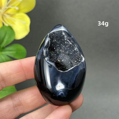 Natürlicher schwarzer Achat, Kristallloch, eiförmiger Kristall, Heilung, spirituelle Meditation, Mineralquarz, Aura, Energie, Heimdekoration