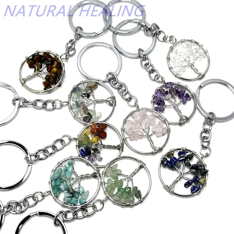 10 stücke Frauen natürlichen Chip Quarz Stein Perle 30mm Herz runden Baum des Lebens Schlüssel anhänger Lanyard Großhandel Schlüssel ringe