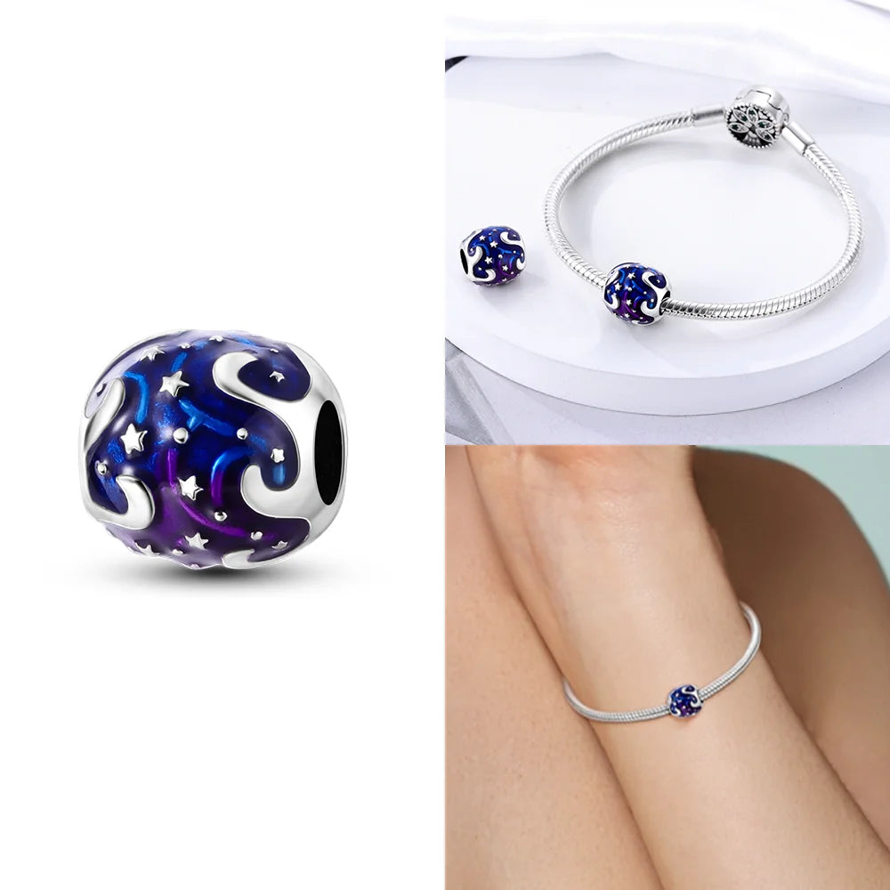 Original 925 Silber Lila Romantische Sternenplanet Perlen Halskette Charms Perlen Fit Armband Frauen Diy Zubehör Feines Geschenk