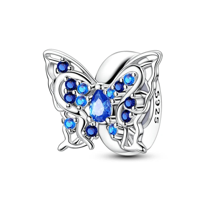 Exquisiter 925er-Sterlingsilber-Charm mit funkelndem Edelstein, Schlüssel, Blume, Schmetterling, passend für DIY-Armbänder, Halsketten, edler Schmuck, Geschenke
