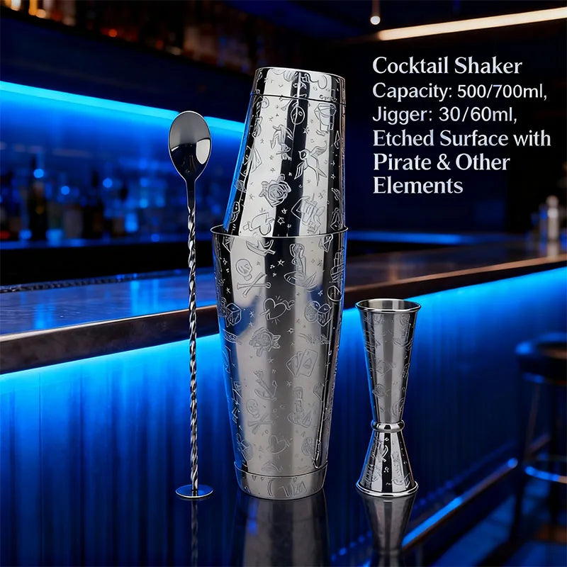 Elegantes Edelstahl Boston Cocktail Shaker Set 500/700ml+30/60ml Jigger — Graviert, Barkeeper, Barzubehör, Mixer, Professionell