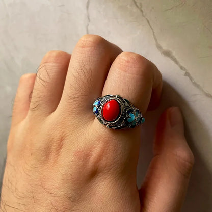 Retro filigran eingelegter roter Ring gebrannter blauer Palast Punk Gothic offener Ring für Frauen handgemachte Unisex Designer Schmuck Accessoires