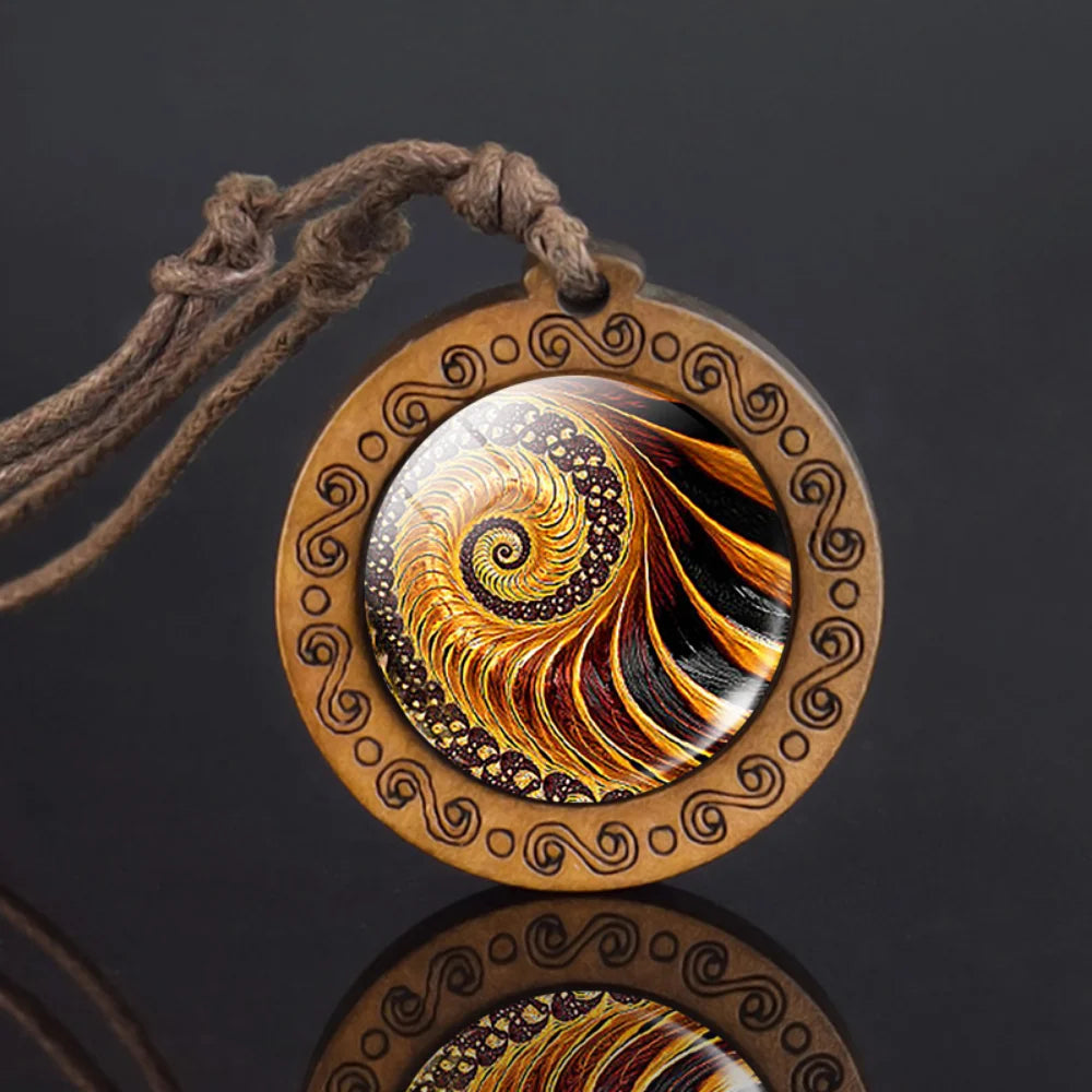 Mandala glass necklace, retro art, wooden pendant, Buddhist sacred geometry, jewelry, spiritual yoga gift