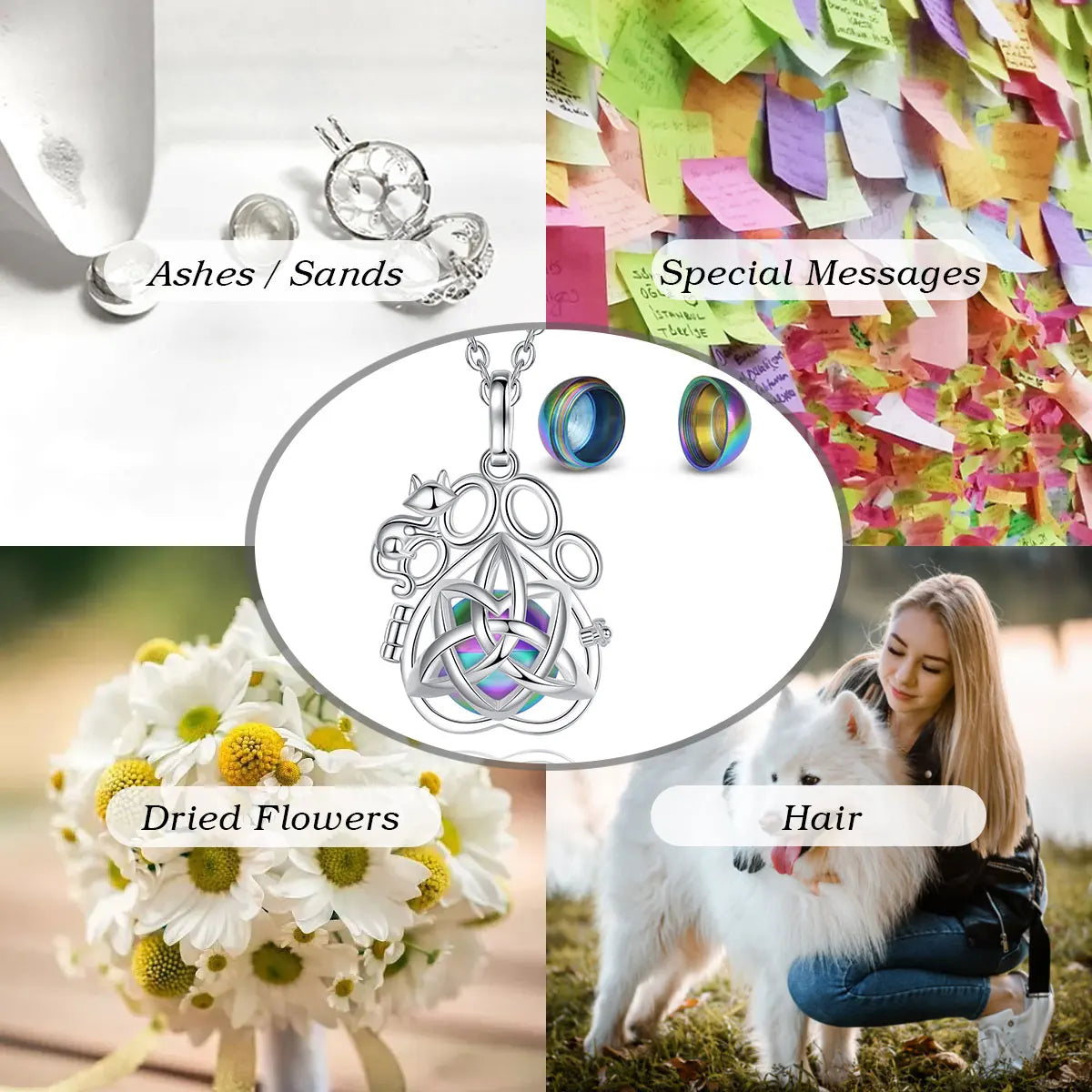 EUDORA Urne Feuerbestattung Anhänger 14mm Katze Fuß Käfig Medaillon Asche Halter Andenken Kapsel Keltische knoten Halskette Hohl Ball DIY schmuck
