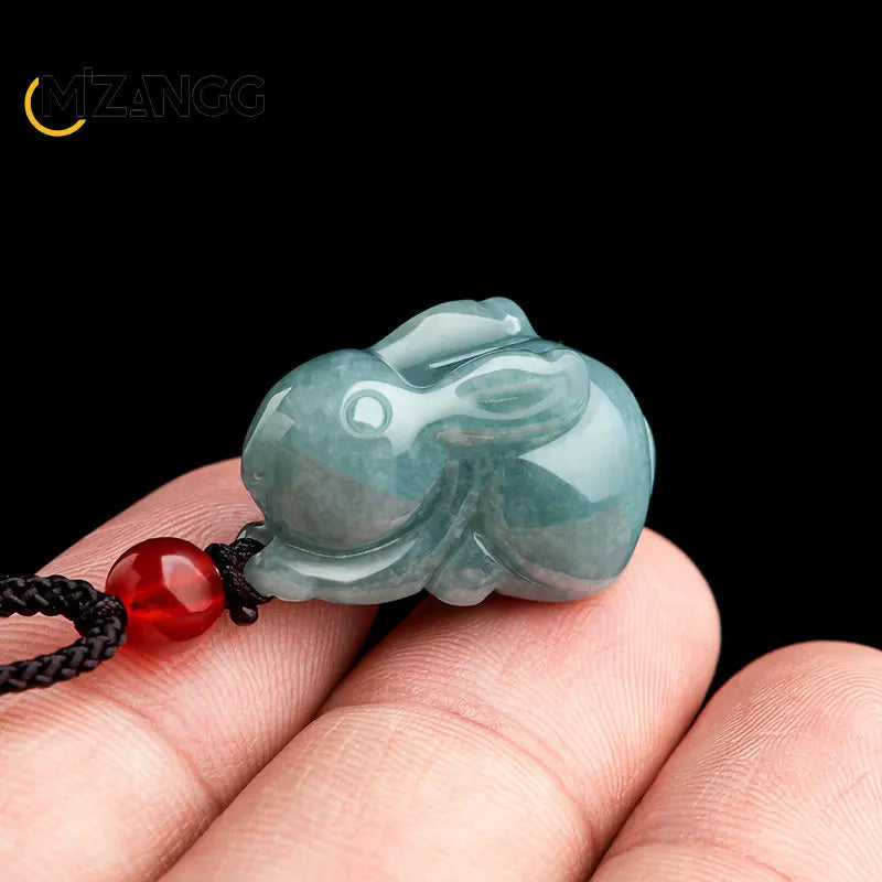 Echter natürlicher Jadeit, blaues Wasser, Jade-Kaninchen, dreidimensionaler Sternzeichen-Kaninchen-Jade-Anhänger, niedlicher Damen-Anhänger, verheißungsvolle Objekte