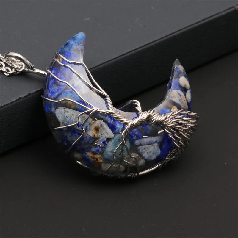 Natürliche Kristall Mond Anhänger Halskette Baum des Lebens Amethyst Reiki poliert Mineral Schmuck Heilstein für Männer Frauen Schmuck