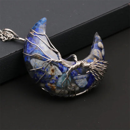 Natürliche Kristall Mond Anhänger Halskette Baum des Lebens Amethyst Reiki poliert Mineral Schmuck Heilstein für Männer Frauen Schmuck