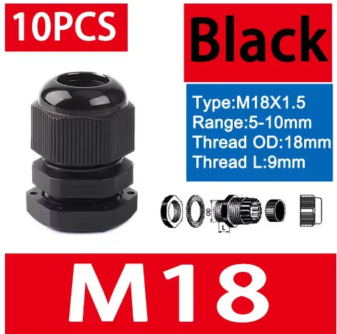 10 Stück wasserdichte Kabelverschraubungen M8-M40, schwarze Kunststoff-Dichtungsverbindungen, IP68, Nylon-Stecker, Gummi-Kabelverschraubung für verschiedene Größen