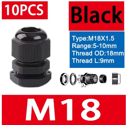 10 Stück wasserdichte Kabelverschraubungen M8-M40, schwarze Kunststoff-Dichtungsverbindungen, IP68, Nylon-Stecker, Gummi-Kabelverschraubung für verschiedene Größen
