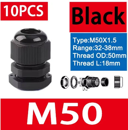 10 Stück wasserdichte Kabelverschraubungen M8-M40, schwarze Kunststoff-Dichtungsverbindungen, IP68, Nylon-Stecker, Gummi-Kabelverschraubung für verschiedene Größen