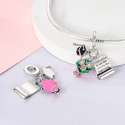 Graduation Series Original Charms Perlen Anhänger 925 Sterling Silber Blumen Kappe Herz Charms für Armband DIY Party Schmuck Geschenk