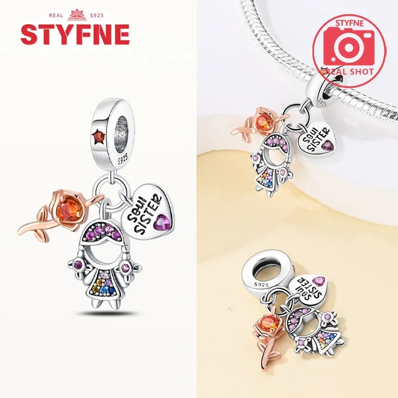 Sterling Silber S925 Schwestern auf der Schaukel Charms Herz Bead Fit Original Armband Armreif DIY Feines Geschenk Schmuck für Frauen