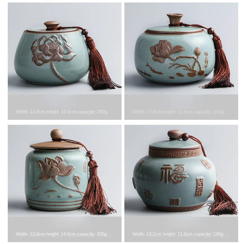 Hand-carved lotus celadon ash pet urn, dog and cat cremation urns, ceramic urns, sealed jar, funeral memorial art, large size