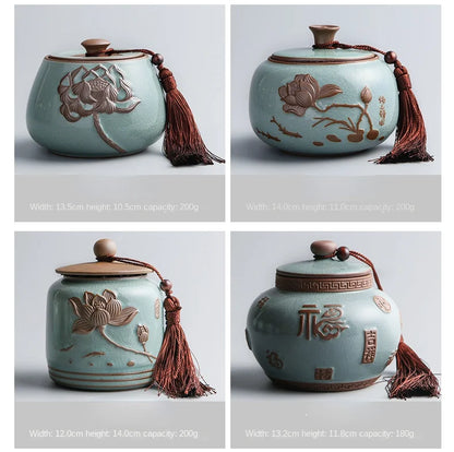 Hand-carved lotus celadon ash pet urn, dog and cat cremation urns, ceramic urns, sealed jar, funeral memorial art, large size