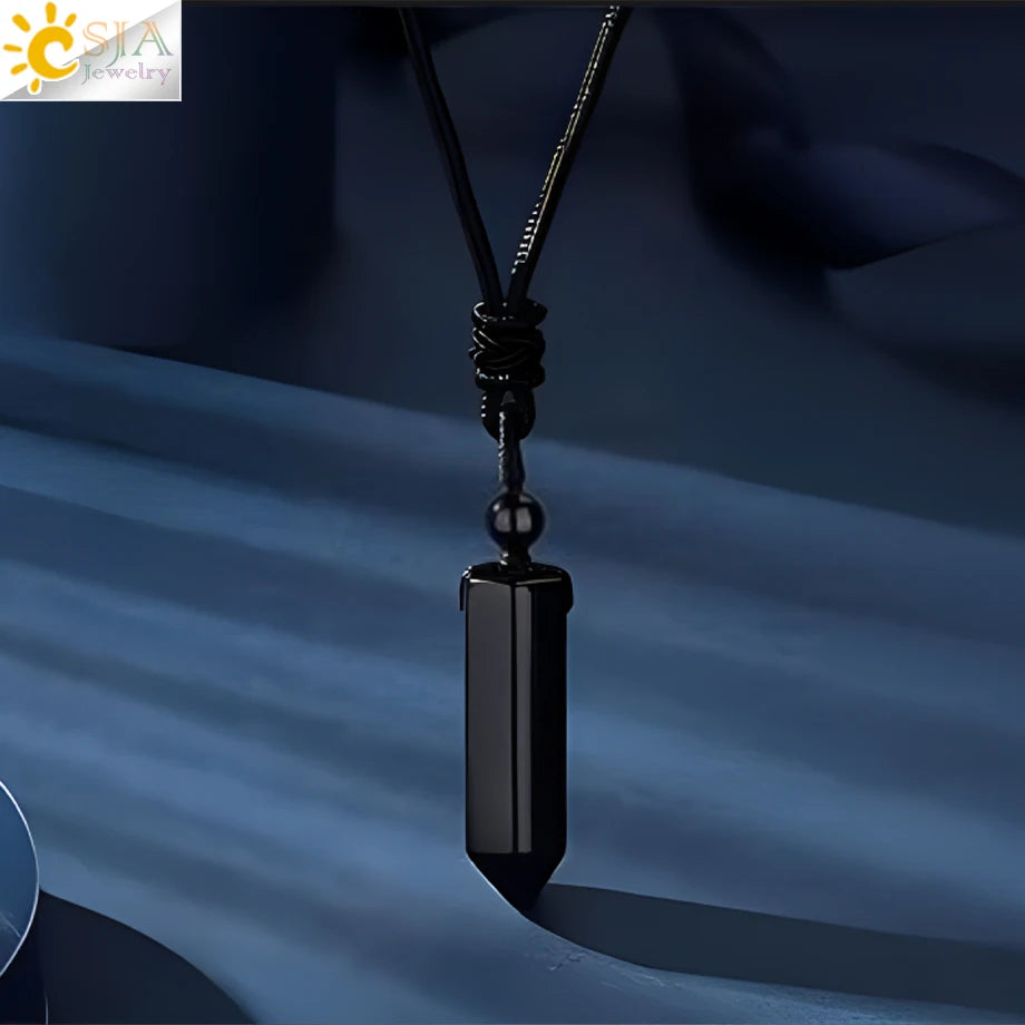 CSJA Sechseckige Naturstein-Anhänger-Kristall-Halskette für Damen und Herren, Amethyst, Tigerauge, schwarzer Obsidian, verstellbare Seilkette H477