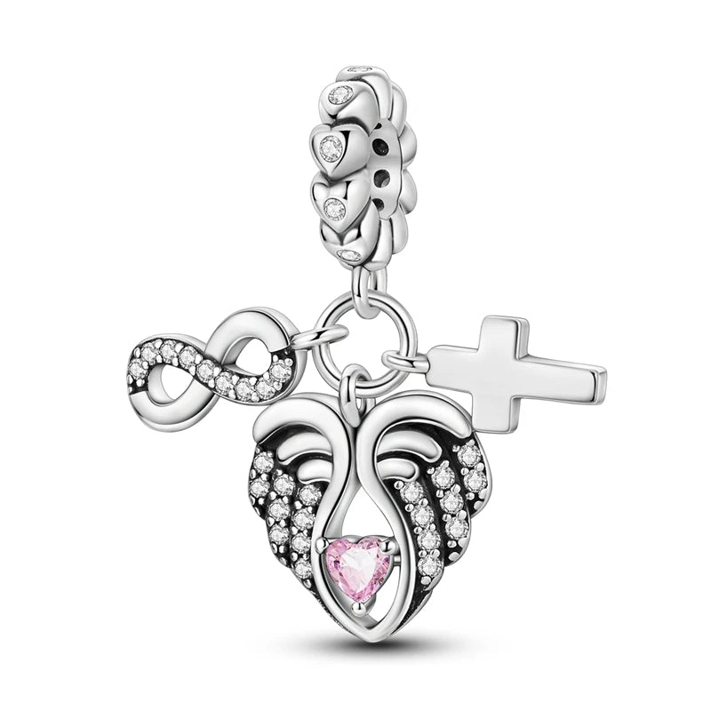 Romantische Schleifenperlen aus 925er-Sterlingsilber und herzförmiger, unendlicher baumelnder Charm, passend für Armbänder, schöne Schmuck-Accessoires, Geschenke