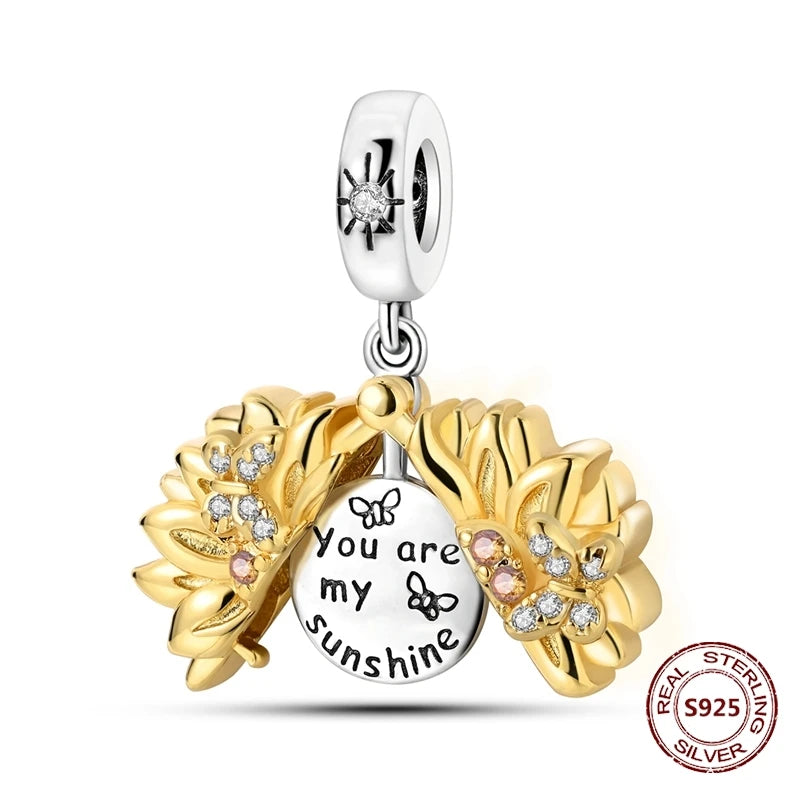 Gelber Sonnenblumen-Charm aus 925er Silber, Original-Zirkon, Kolibri, Einhorn-Charms, passend für Armbänder, DIY-Schmuck für Frauen, Hochzeitsgeschenk