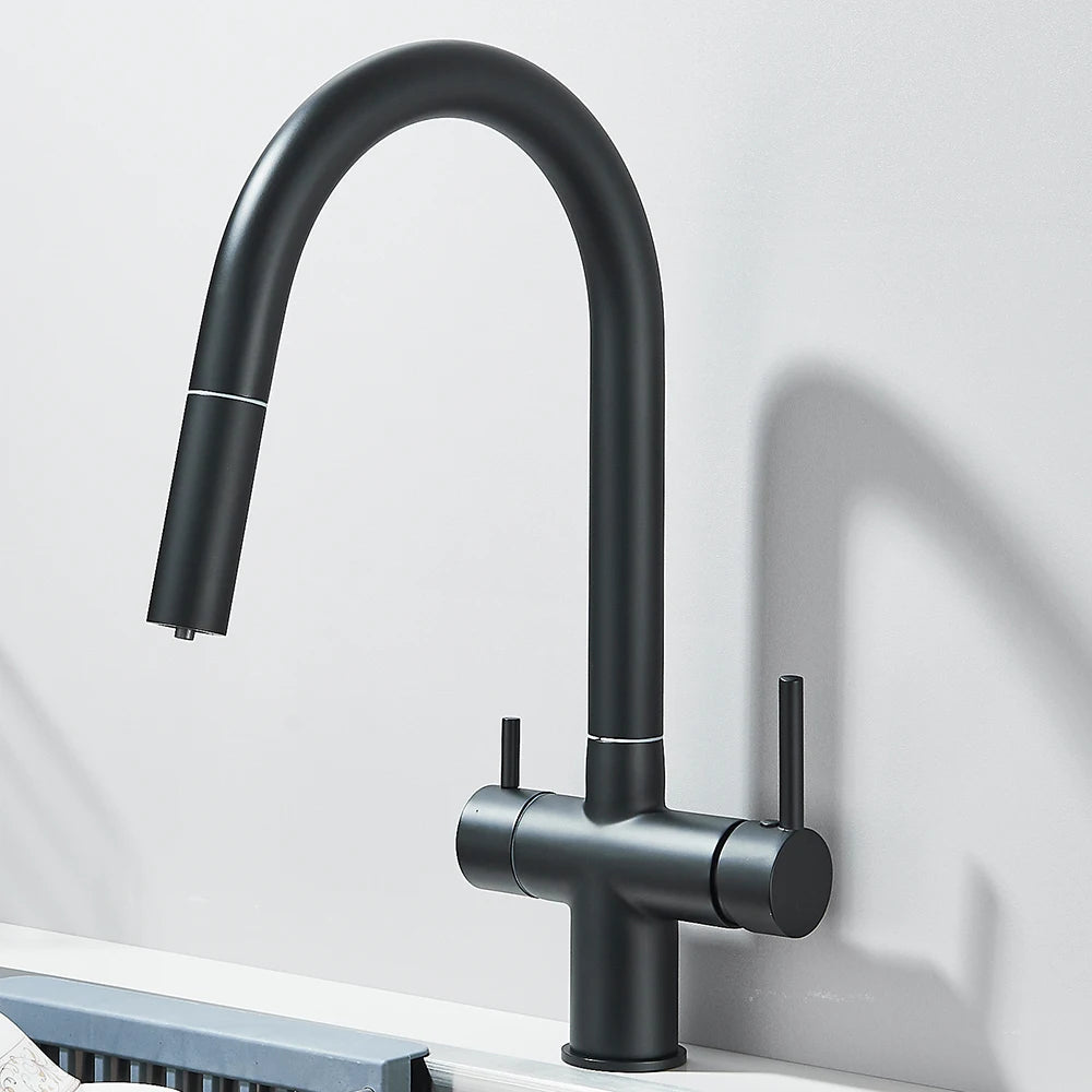 Gefilterter Küchenspüle-Wasserhahn mit einziehbarem Sprühgerät, Messing-Wasserfilterhahn, Trinkwasserhahn, Waschbeckenmischer für die Küche