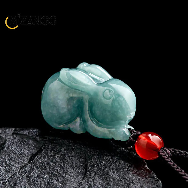 Echter natürlicher Jadeit, blaues Wasser, Jade-Kaninchen, dreidimensionaler Sternzeichen-Kaninchen-Jade-Anhänger, niedlicher Damen-Anhänger, verheißungsvolle Objekte